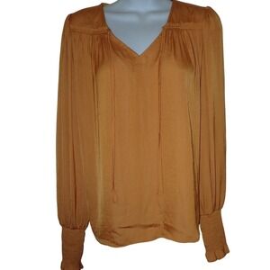 Gold Blouse Long Sleeve V Neck Smocked‎ Cuff Tunic Top